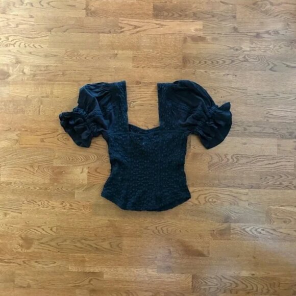 free people spring fling black blouse peasant puff sleeve sweetheart neck lace - Picture 3 of 4